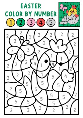 Yumurtadan çıkan civciv sayesinde Paskalya 'nın rengini numaralandırıyor. Bahar siyah beyaz sayma, boyama oyunu. Çocuklar için hoş bir boyama sayfası. Satır yazdırılabilir çalışma grubu