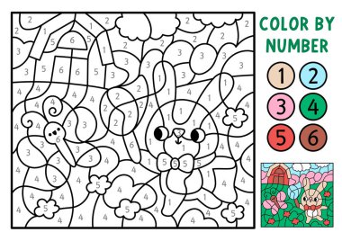 Paskalya renklerine göre numaralandırılmış. Tavşan sahada kelebek yakalıyor. Bahar siyah beyaz sayma, boyama oyunu. Çocuklar için hoş bir boyama sayfası. Satır yazdırılabilir çalışma grubu