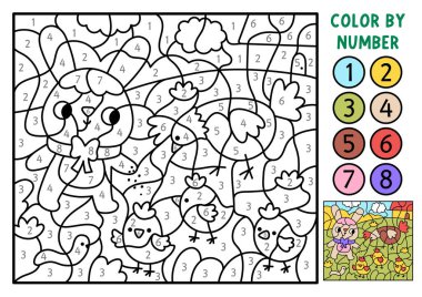 Çiftlikteki tavşanları besleyen tavşanlarla birlikte Paskalya 'nın renklerine göre. Bahar siyah beyaz sayma, boyama oyunu. Çocuklar için hoş bir boyama sayfası. Satır yazdırılabilir çalışma grubu