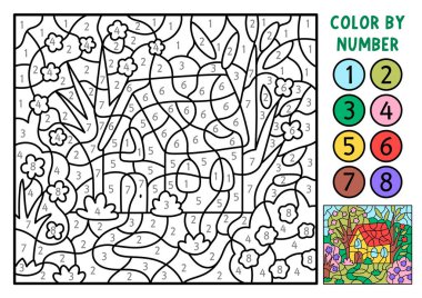 Bahçe evi, ağaçlar, çiçekler gibi etkinliklere göre Paskalya 'nın vektör rengi. Bahar siyah beyaz sayma, boyama oyunu. Çocuklar için hoş bir boyama sayfası. Satır yazdırılabilir çalışma grubu