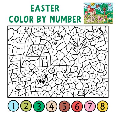 Tavşan, kilise, kelebek gibi numaralarla Paskalya 'nın rengini belirle. Bahar siyah beyaz sayma, boyama oyunu. Çocuklar için hoş bir boyama sayfası. Tatil sembollü satır yazdırılabilir çalışma tablosu