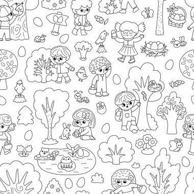 Siyah-beyaz Paskalya yumurtası avı kusursuz. Çocuklarla, ağaçlarla, çalılarla, böceklerle, sepetle, doğa öğeleriyle tekrar et. Yumurta arayan çocuklarla boyama sayfası