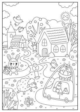 Siyah-beyaz Paskalya Köyü manzarası. Kiliseyle kırsal doğa çizgisi sahnesi, kümes arabası, koyun, yumurta avı işareti, civciv, ağaçlar. Bahar tatili dikey arka plan, çocuklar için kitap kapağı