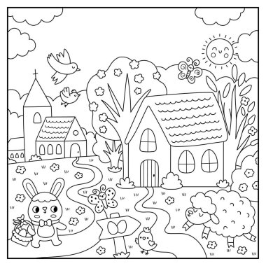 Siyah-beyaz Paskalya Köyü manzarası. Doğa kanunu kilise sahnesi, sepetli tavşan, yumurta avı işareti, piliç, ağaçlar. Tatlı bahar tatili arka planı, çocuklar için kitap kapağı.