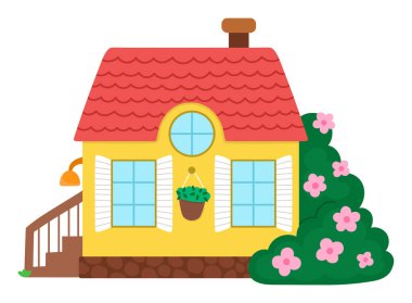 Verandalı sarı kır evi, çiçek açan çalılar ve beyaz arka planda izole edilmiş kırmızı çatı ikonu. Çiftlik ya da köy ahşap kulübe çizimi. Kırsal alanda şirin, kırmızı çatılı ev.