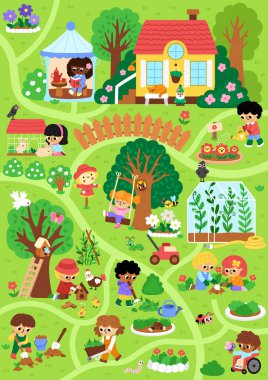 Vektör bahar bahçesi arka planı. Bahçeyle uğraşan çocukların olduğu şirin bir çiftlik haritası. Kır evi, çit, sera, ağaçlar. Yollu doğa sahnesi, tatildeki çocuklar.