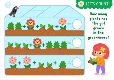 Serada fidan yetiştiren tatlı bir kızla kaç tane bitki oyunu. Okul öncesi çocuklar için ilkbahar matematik ek aktivitesi. Bahçıvanı olan çocuklar için basit yazdırılabilir sayım tablosu