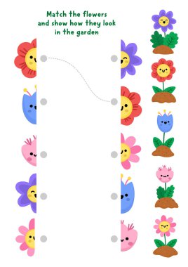 Çiçeklerin yarılarını birleştir. Çocuklar için bahçe etkinliği. İlgi çekmek için bahar ya da yaz eğitim sınavı çalışmaları. Şirin gülümseyen kawaii bitkisi ile basılabilir oyun