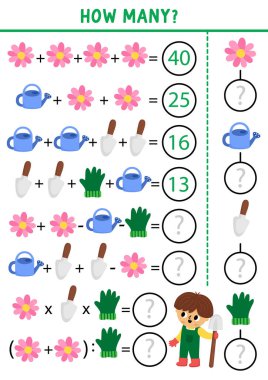 Kaç tane bahçe ekipmanı oyunu, denklem, rebus. Okul çocukları için bahar matematik aktivitesi. Sulama kutusu, çiçek, eldiven, maça, çocuk gardene 'li çocuklar için basılabilir sayım tablosu