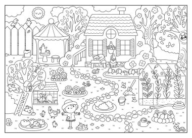 Vektör boş siyah ve beyaz bahçe manzarası. Kır evi çizgisi serayla detaylı bir sahne hazırladı. Tatlı bahar doğası arka planı, kuşlarla boyama sayfası, kuş yuvası, korkuluk.