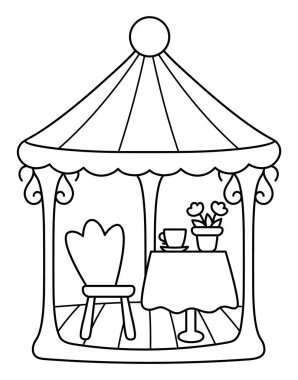 Masası, sandalyesi, vazosu ve çay fincanı olan siyah beyaz çardağı taşıyın. Kır evi köşkü beyaz arka planda izole edilmiş. Bahçe çizgisi pergola çizimi, renklendirme bezi