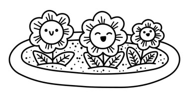 Vektör siyah beyaz çiçek tarhı. Bahçe çiçekleri ve tırabzanlarla gülümseyen bitkiler. Çiçekçiler takılır. Beyaz arka planda yaprakları olan bebek yeşilliği. Bahar illüstrasyonu, renklendirme pag