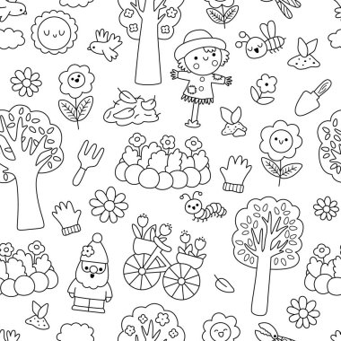 Siyah ve beyaz yay bahçesinin pürüzsüz deseni. Çiçek tarlası, cüce, korkuluk, bitkiler, çiçek açan ağaçlar. Doğa dijital kağıt, boyama pag