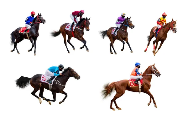 Conjunto Jinete Carreras Caballos Aislado Sobre Fondo Blanco Varios Ángulos —  Fotos de Stock