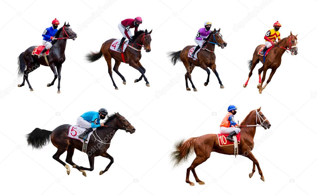 set of horse racing jockey isolated on a white background, several different angles of stallions and men