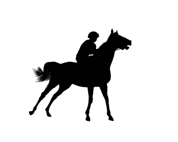 白い背景に隔離された馬のジョッキーの黒いフラットイメージ — ストックベクタ