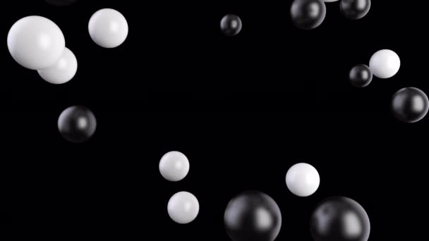 Чорно-білі кульки потрапляють в басейн або на екран на чорному тлі. Анімація сфер заповнює об'єм. 3D візуалізація з прозорістю в альфа . — стокове відео
