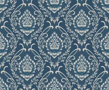 Damask kusursuz desen elementi. Vector klasik lüks, eski moda İspanyol süsü, duvar kağıtları, tekstil, ambalaj için kraliyet Victoria dönemi kusursuz dokusu. Klasik, zarif, çiçekli barok şablonu..