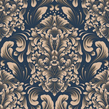 Damask kusursuz desen elementi. Vector klasik lüks, eski moda İspanyol süsü, duvar kağıtları, tekstil, ambalaj için kraliyet Victoria dönemi kusursuz dokusu. Klasik, zarif, çiçekli barok şablonu..