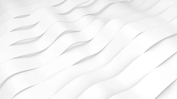 Weiße Streifen wellen an der Oberfläche. Deformierte Bänder treten mit weichem Licht auf. Moderne, helle Hintergrundvorlage im minimalistischen Stil. 3D Render Illustration — Stockfoto