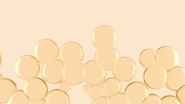 Sudaki Altın Yağ kabarcıkları aşağıdan yukarıya dolgu boşluğuna kadar büyür. Yapışkan sıvı kabarcıklar hareket animasyonu. Kozmetik ürünleri için doğal gerekli yağ kavramı. Sıvı akışının makro 3D görüntüleyicisi.