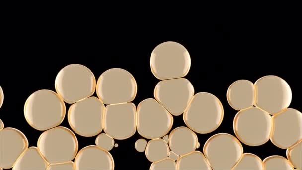 Золотые масляные пузыри в воде заполняют пространство снизу вверх. Анимация движения вязких жидких пузырей. Концепция натурального эфирного масла для косметики. Макро3D рендеринг потока жидкости с альфа-прозрачностью. — стоковое видео