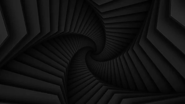 Streszczenie ciemny skręcony tunel zbudowany w kształcie gwiazdy. Spiralny korytarz. Czarna, gładka struktura światła. Ilustracja 3D renderowania — Zdjęcie stockowe