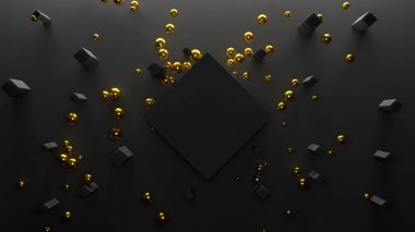 Altın küreler karanlık duvara çarpar ve merkezi büyük bloktan sekerek küçük blokları dağıtır. Toplar tepeden düşer ve siyah yüzeylerden geri teper. 3d resimleme