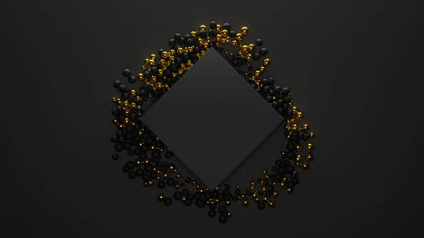 Bunch of black and golden spheres flow and bounce around the central block. Rotating and colliding dynamic ball particles around cube with place for text. 3d render illustration