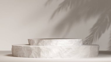 Paket sunumu ve kozmetik için 3D Podyum. Taş tezgahı ve palmiye gölgesi olan bir ürün sahnesi. Doğal gerçekçilik abidesi. 3D görüntüleme. 3d illüstrasyon.
