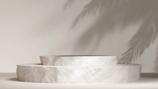 Paket sunumu ve kozmetik için 3D Podyum. Taş tezgahı ve palmiye gölgesi olan bir ürün sahnesi. Doğal gerçekçilik abidesi. 3D görüntüleme. 3d illüstrasyon.