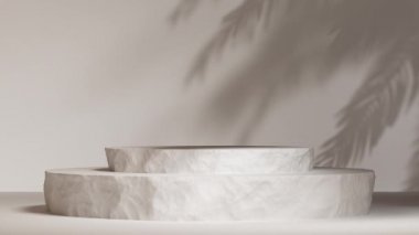 Paket sunumu ve kozmetik için 3D Podyum. Taş tezgahı ve hafif palmiye gölgesi hareketli bir ürün sahnesi. Doğal gerçekçilik abidesi. Döngü canlandırması.