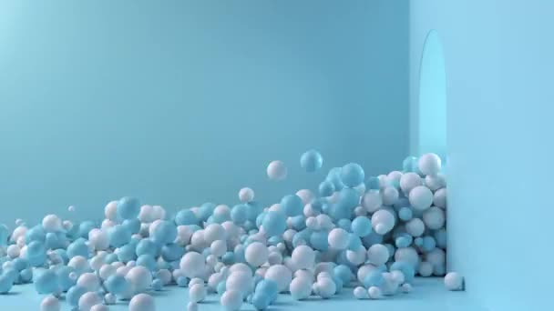 Blue and white balls pour out of the open door into a large bright room animation. Background with copy space and ball motion. 3D render 4k — Stock Video