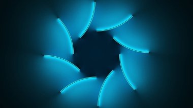 İç mavi ışığı olan daire parçalara bölünmüş ve soyut hareketle parıldıyor. Kusursuz döngü animasyonu. Neon aydınlatıcı yüzeylerin 3 boyutlu canlandırması hareket arkaplanı.