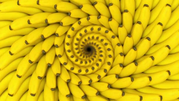 Bananas 3D redemoinho flor loop. Flor circular abstrata construída com bananas se movendo de dentro para fora. Animação solta de redemoinho de frutas. — Vídeo de Stock