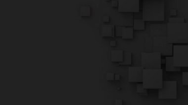 Rastgele boyutlardaki küpler hareket eder ve büyürler. Solda mesaj için bir yer. Soyut 3d canlandırma geometrik kavram arkaplanı.