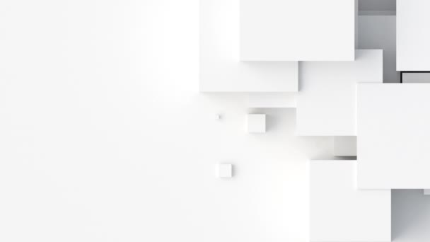 Белые кубики со случайным размером перемещаются и растут петлей. Место для смс слева. Аннотация 3D рендеринг геометрической концепции фона. — стоковое видео
