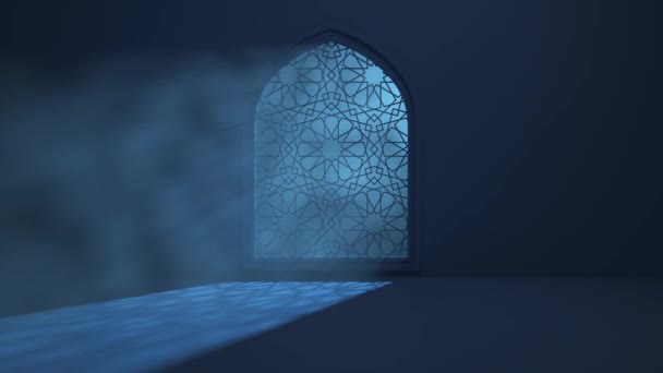 Mondlicht scheint durch das Fenster in das Innere der Moschee. Ramadan Kareem islamischer Bewegungshintergrund. 3D-Animation. — Stockvideo