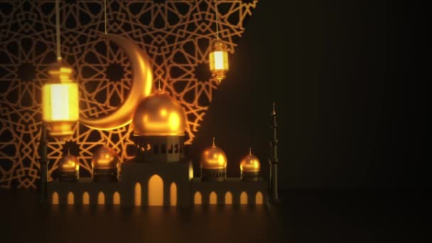 Moské och ljus lyktor med månen hänger och svinga på mörk bakgrund med islamisk prydnad. Ramadan Kareem mall. Loopable 3d render — Stockvideo