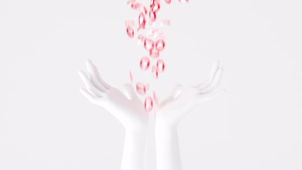 Padající červené srdeční symboly, má rád v otevřených bílých rukou. Koncept popularity sociálních médií. Oblíbený příspěvek jako 3D animace toku. — Stock video