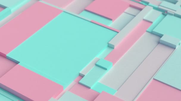 Superficie rectangular teselada en movimiento rosa y cian. Fondo abstracto con baldosas fragmentadas de escala oscilante. Patrón de diseño 3D Motion con animación de bucle y lugar para texto. — Vídeos de Stock
