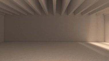 Light source move to the right and shine through balks casting shadows. Loopable animation of beige concrete interior light.