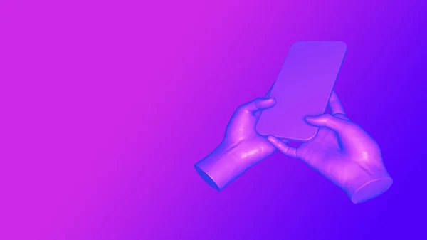 3D kezek okos telefonnal. Gadget koncepció gőz stílusú rózsaszín és ibolya színek. Mobil eszköz 3d render illusztráció — Stock Fotó