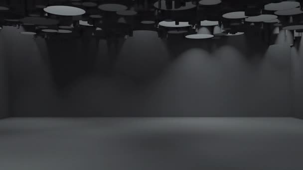 Interno in cemento scuro con luci multiple accese e spente. Animazione Loopable della stanza con luci moderne. — Video Stock