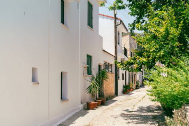 Eski bir köy olan Kıbrıs 'taki Omodos' un güneşli dar caddesi. Güneşli bir günde taş duvarlar ve canlı yeşil bitkiler.