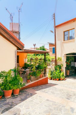 Kıbrıs 'taki eski Foini köyünün güneşli dar caddesi. Güneşli bir günde taş duvarlar ve canlı yeşil bitkiler.