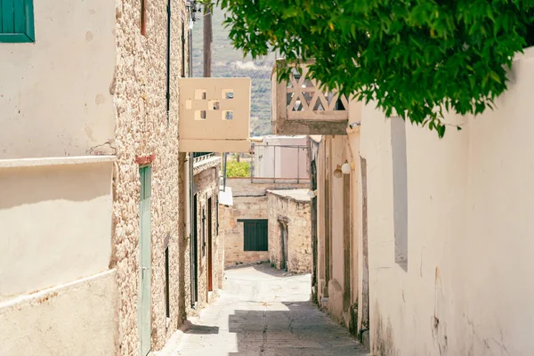 Rue étroite ensoleillée dans le vieux village Omodos sur Chypre. Murs en pierre et plantes vertes vibrantes par une journée ensoleillée. — Photo