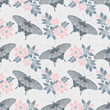 Vektör çiçek kusursuz desen elementi. Arkaplan için zarif bir doku. Kelebek ve çiçeklerle.
