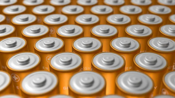 Grande pacote de baterias douradas perto umas das outras com foco suave. macro renderizada 3D de células de energia AA. 3d renderizar ilustração — Fotografia de Stock
