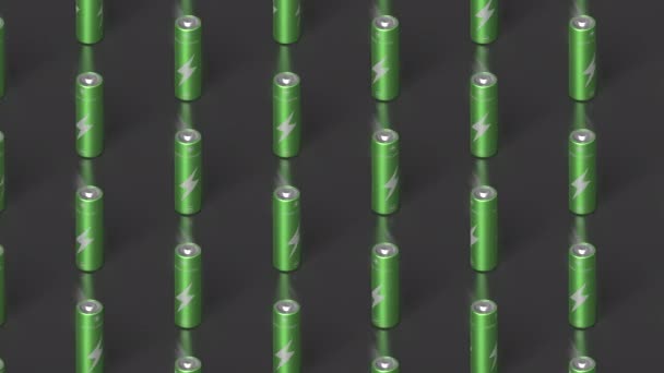 Langsames Schlupfloch über organisierte Reihen grüner AA-Batterien. 3D-Darstellung von grüner Energie und wiederaufladbarer Stromversorgung. — Stockvideo
